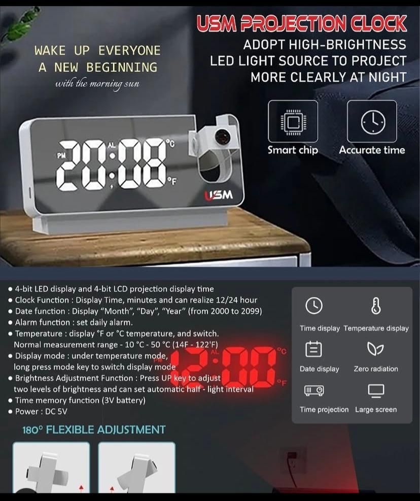 180� Projector Clock for Bedroom Digital Alarm Clock W/ Temperature Display